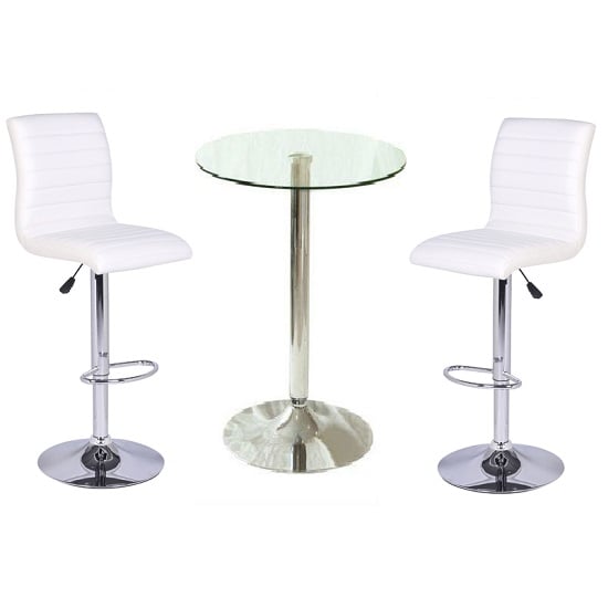 Gino Bar Table In Clear Glass And 2 Ripple Bar Stools In White