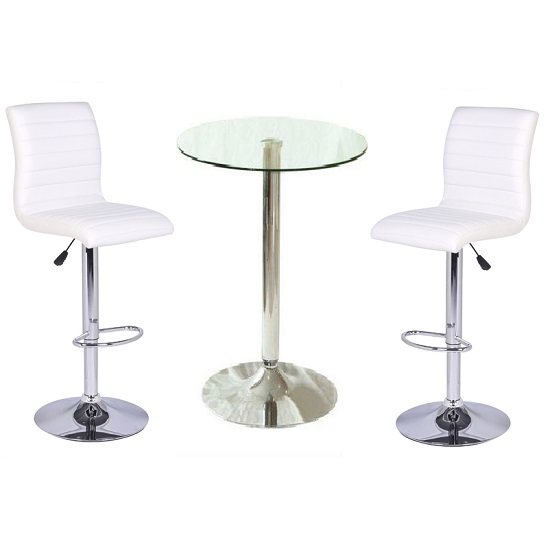 Photo of Gino bar table in clear glass and 2 ripple bar stools in white