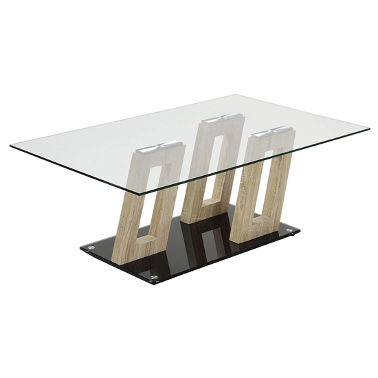 Photo of Ferris sonoma oak clear glass top coffee table with glass base