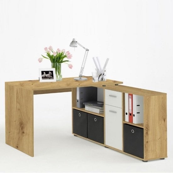 Product photograph of Flexi Wooden Corner Computer Desk In Artisan Oak And White from Furniture in Fashion