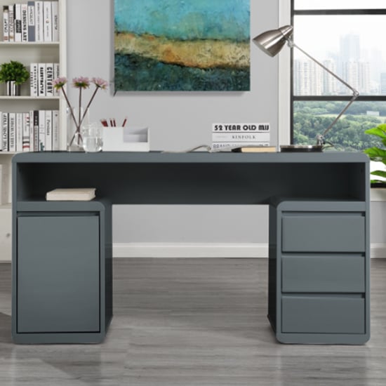 Florentine Gloss Computer Desk With 1 Door 3 Drawers In Grey