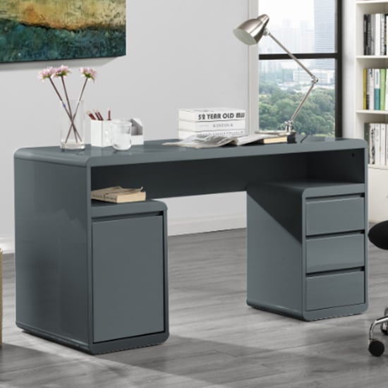 Product photograph of Florentine Gloss Computer Desk With 1 Door 3 Drawers In Grey from Furniture in Fashion