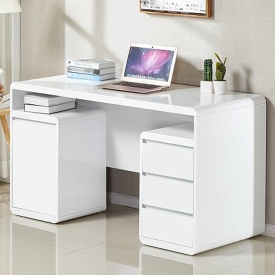 Floine Computer Desk In White High, White Desk 100cm Wide With Drawers And Shelves