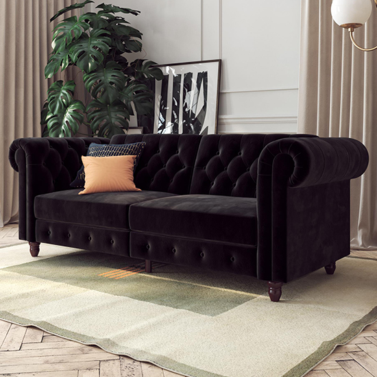 Photo of Flex velvet sofa bed with wooden legs in black