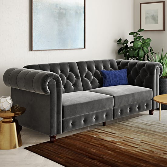 Photo of Flex velvet sofa bed with wooden legs in grey