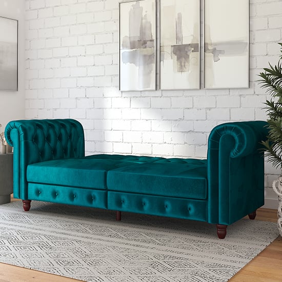 Fritton Chesterfield Velvet Upholstered Sofa Bed In Teal_2