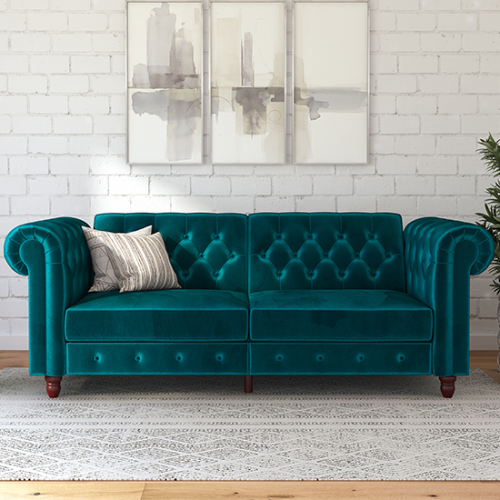 Fritton Chesterfield Velvet Upholstered Sofa Bed In Teal_3