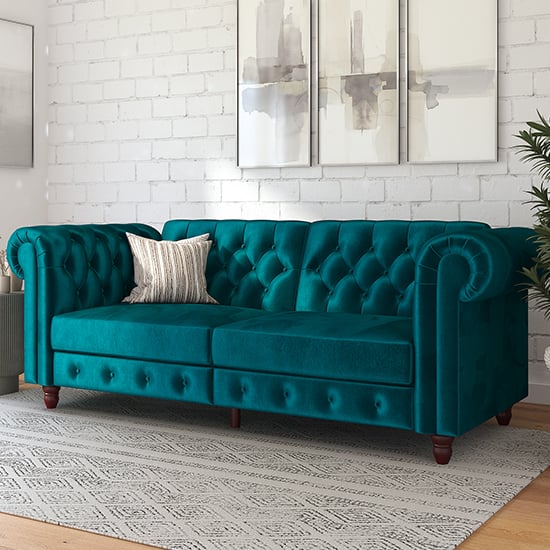 Fritton Chesterfield Velvet Upholstered Sofa Bed In Teal_1