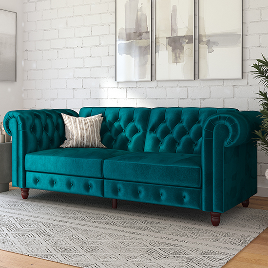 Photo of Flex velvet sofa bed with wooden legs in teal