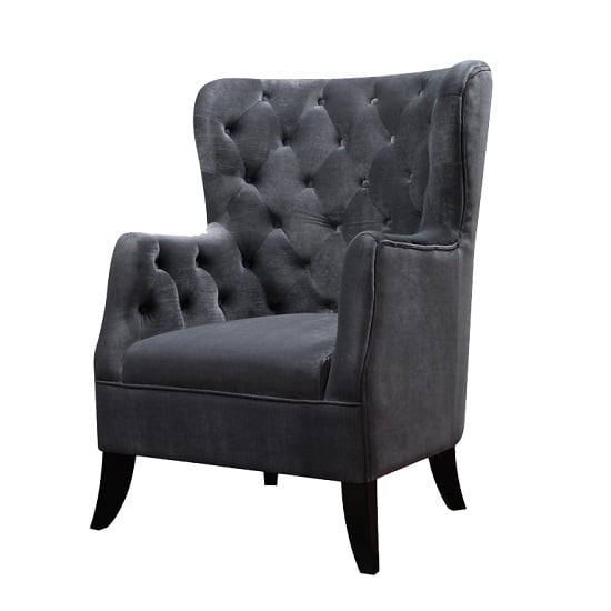 oxford sofa chair in grey velvet fabric with dark wooden