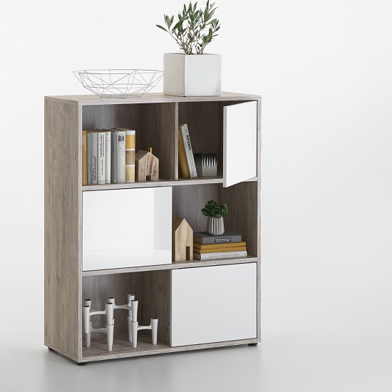 Cleator Shelving Unit In Sand Oak And White Gloss With 3 Cleator Shelving Unit In Sand Oak And White Gloss With 3 Doors