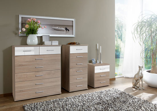 Gastineau 3 Drawer Bedside Cabinet In Oak And White Alpine Gloss