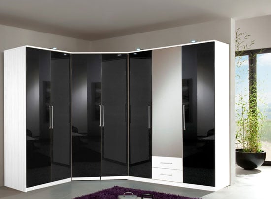 Gastineau Corner Wardrobe In Alpine White With Gloss Black Doors