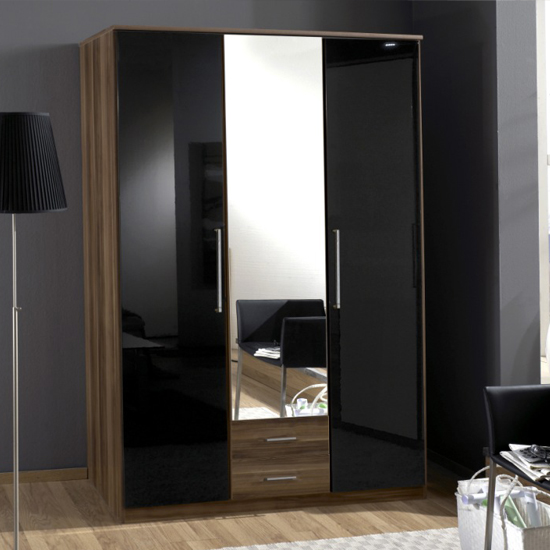 Gastineau 3 Door Wardrobe In Walnut And Black With Mirror