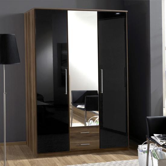 Product photograph of Gastineau 3 Door Wardrobe In Walnut And Black With Mirror from Furniture in Fashion