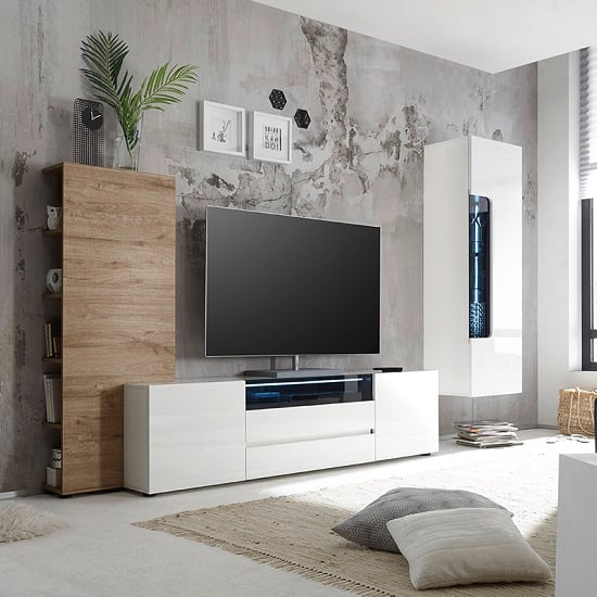 Read more about Genie living room set 3 in white high gloss and oak with led