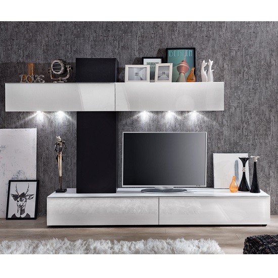 Photo of Bremen living room wall unit in white gloss and black with led