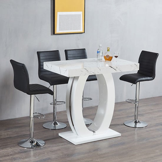 Product photograph of Halo Vida Marble Effect Bar Table With 4 Ripple Black Stools from Furniture in Fashion