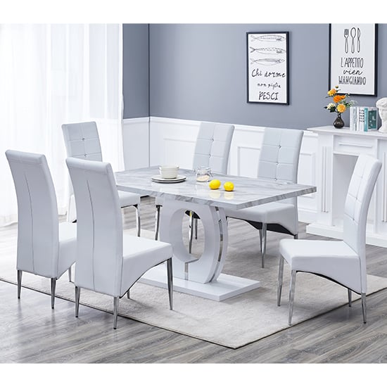 Read more about Halo magnesia marble effect dining table 6 vesta white chairs