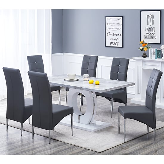 Read more about Halo magnesia marble effect dining table 6 vesta grey chairs