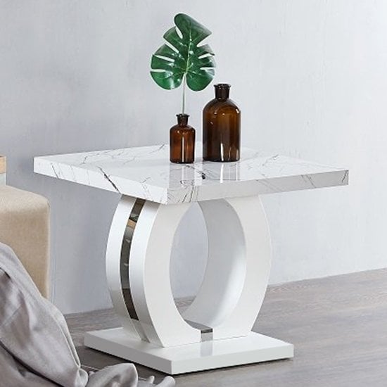 Product photograph of Halo High Gloss Lamp Table In White And Vida Marble Effect from Furniture in Fashion