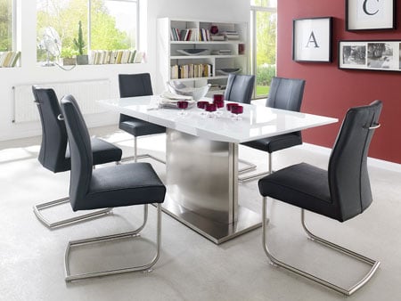 Helio Extendable Glass Dining Table With 8 Alamona Black Chairs