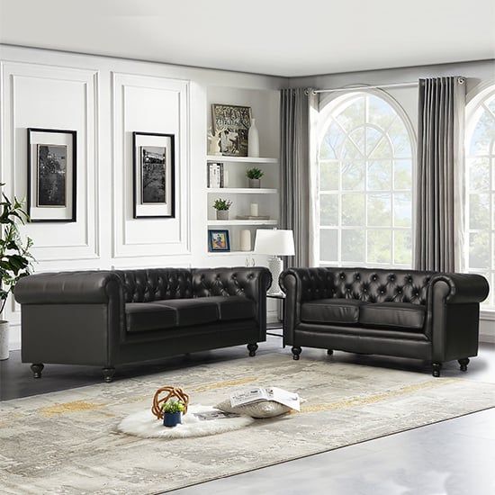 Hertford Faux Leather 3 + 2 Seater Sofa Set In Black_1