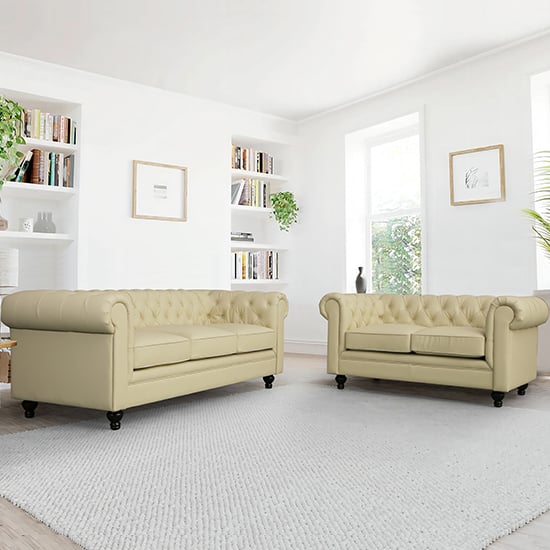 Hertford Faux Leather 3 + 2 Seater Sofa Set In Ivory_1