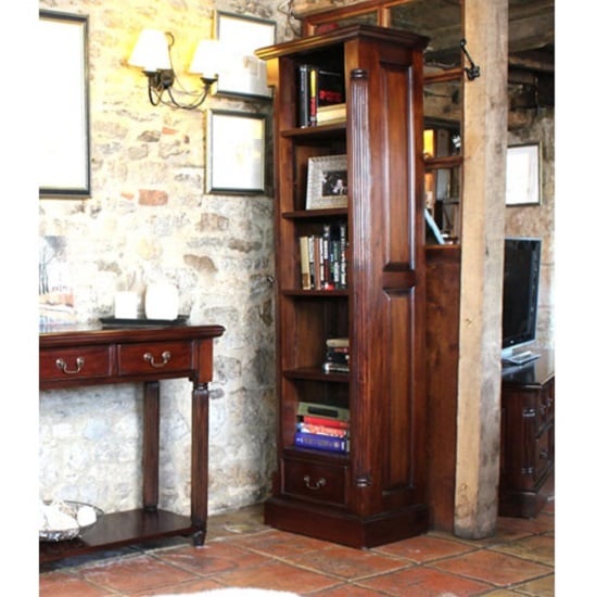 Read more about Belarus narrow alcove open bookcase in mahogany with 1 drawer