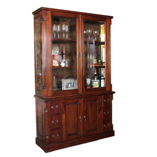 Belarus 2 Glass Doors Display Cabinet With Sideboard In Mahogany