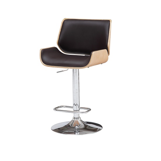 Italy Bar Stool In Brown Faux Leather With Oak And Chrome