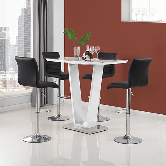 Photo of Ilko white high gloss bar table with 4 ripple black stools