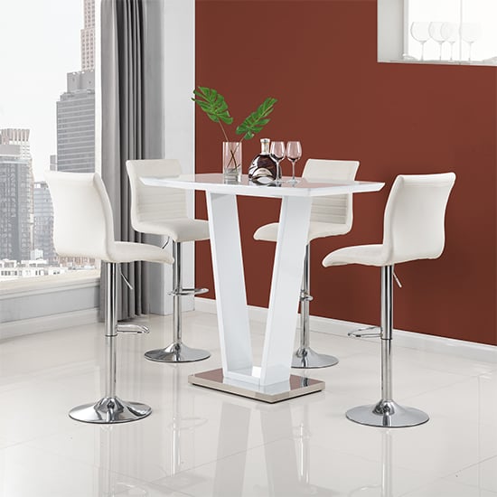 Photo of Ilko white high gloss bar table with 4 ripple white stools