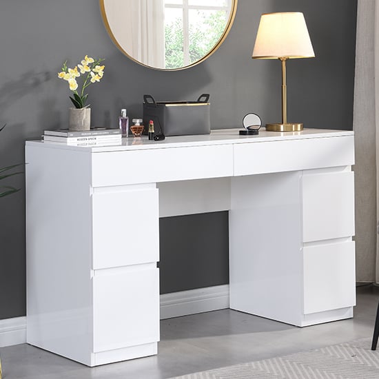 Product photograph of Jenson High Gloss Dressing Table With 6 Drawers In White from Furniture in Fashion