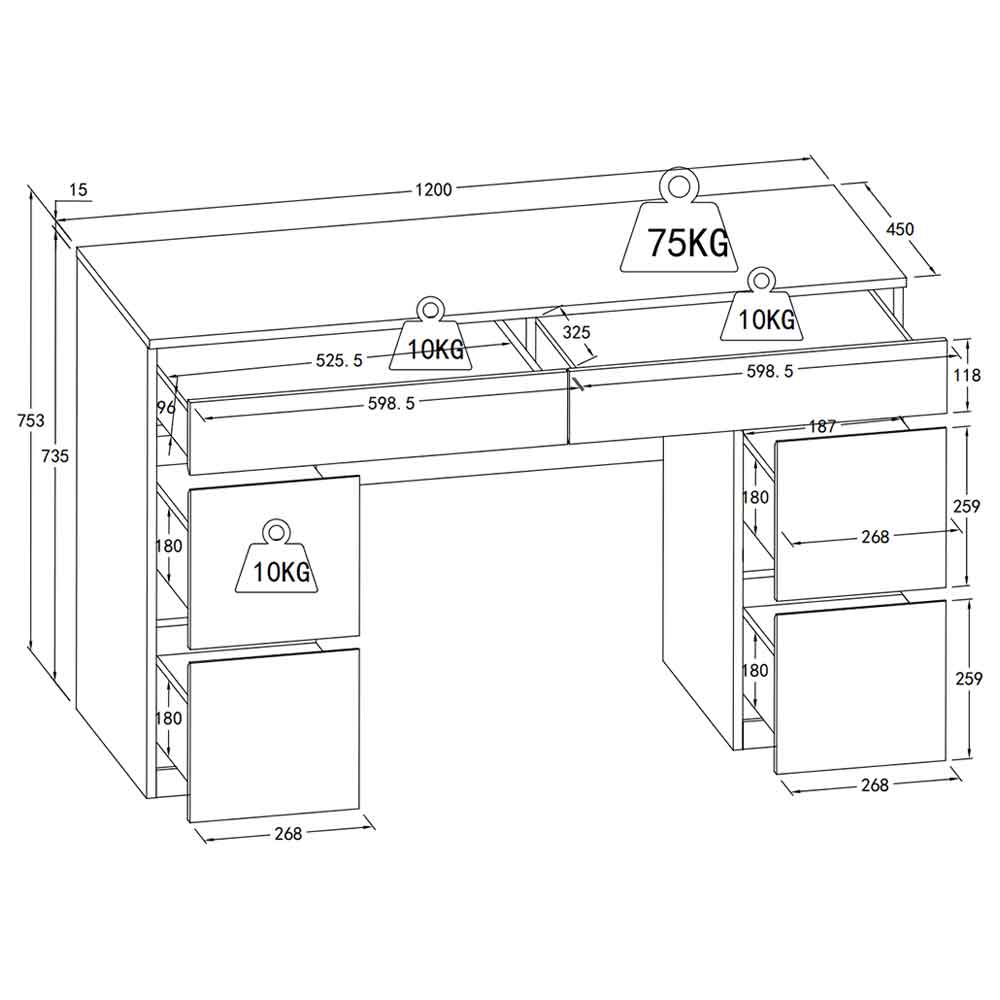 Jenson High Gloss Dressing Table With 6 Drawers In White