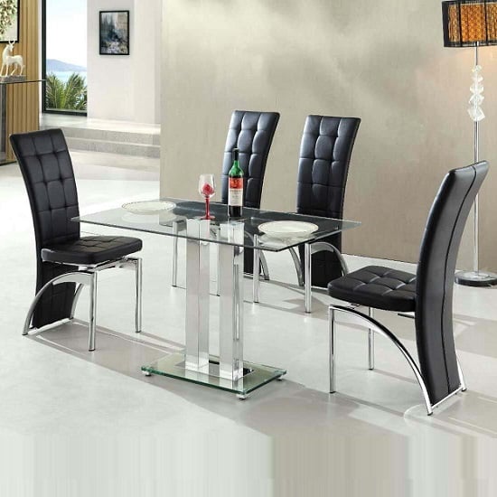 Photo of Jet small clear glass dining table with 4 ravenna black chairs