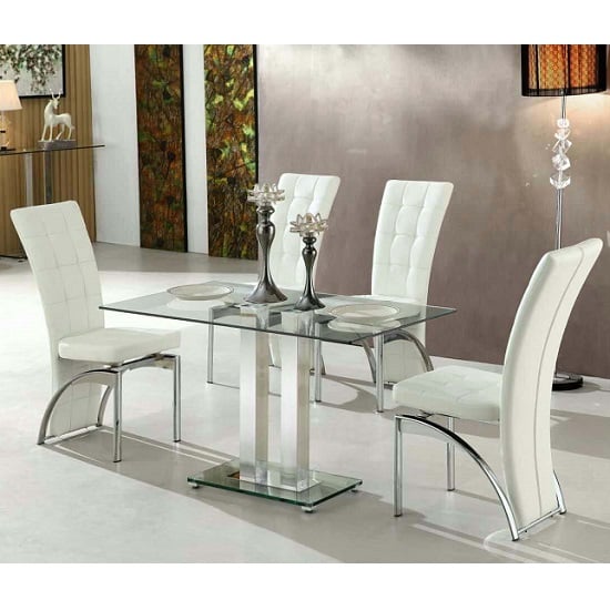 Photo of Jet small clear glass dining table with 4 ravenna white chairs