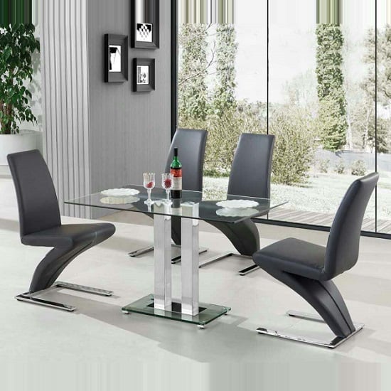 Read more about Jet small clear glass dining table with 4 demi z grey chairs