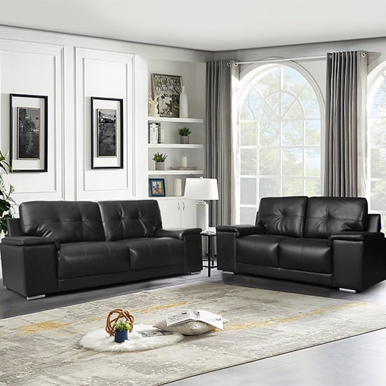 Kensington Faux Leather 3 + 2 Seater Sofa Set In Black_1