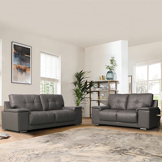 Kensington Faux Leather 3 + 2 Seater Sofa Set In Dark Grey_1