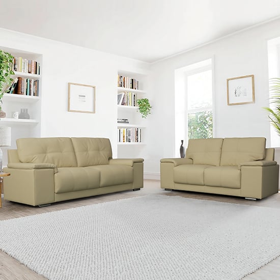 Kensington Faux Leather 3 + 2 Seater Sofa Set In Ivory