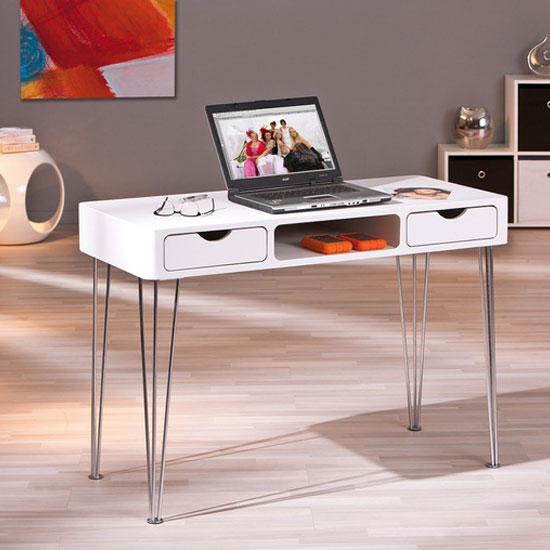 Ludus Matt White Finish Laptop Desk With 2 Drawers And Shelf