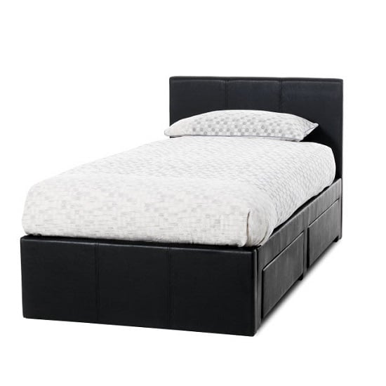 Lanolin Single Bed In Black Faux Leather With 2 Drawers