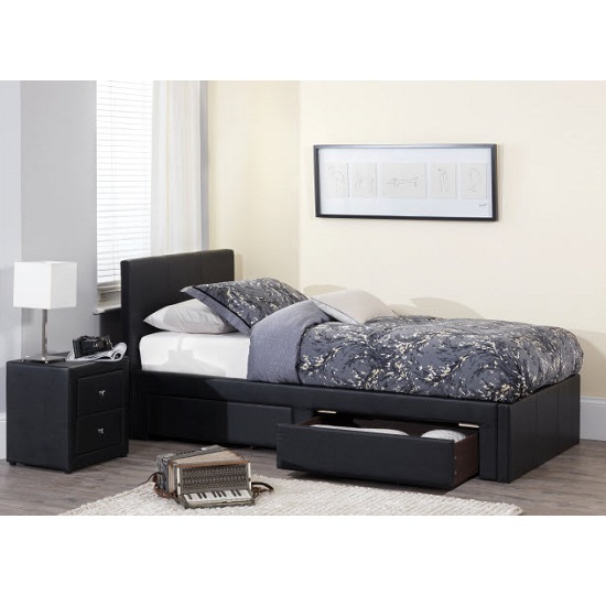 Lanolin Single Bed In Black Faux Leather With 2 Drawers_7