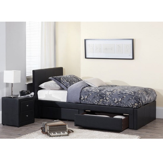 Lanolin Single Bed In Black Faux Leather With 2 Drawers Furniture in