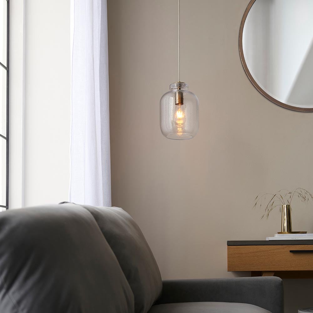 Read more about Ledyard clear textured glass shade pendant light in antique brass