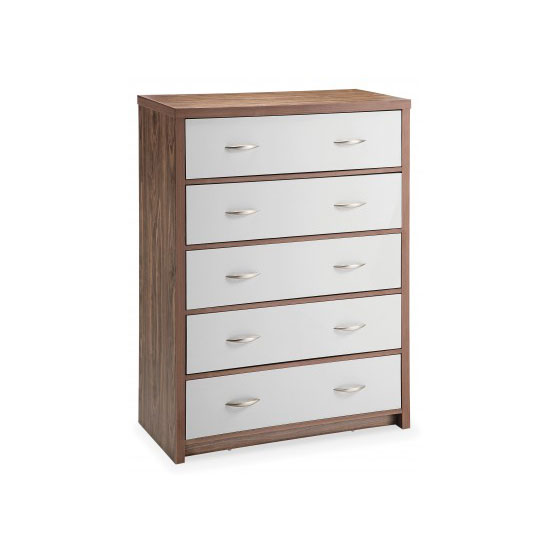 Mylan Walnut Finish 5 Drawer Chest With White Gloss Fronts Furniture