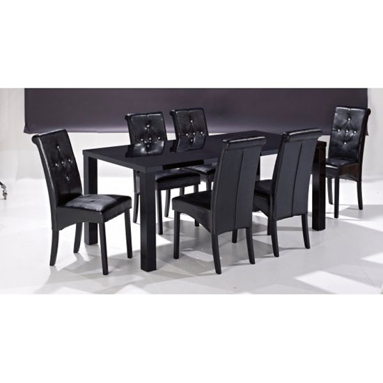 Morna Black High Gloss Finish Large Dining Table And 6 Chairs Furniture In Fashion