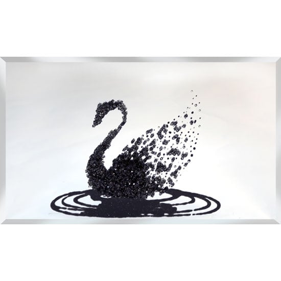 Peyton Glass Wall Art In Black Glitter Swan On Silver Mirror