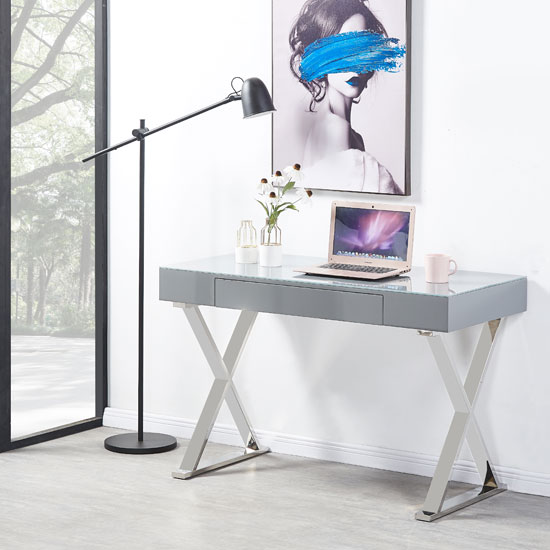 Mayline Grey High Gloss Laptop Office Desk With Glass Top